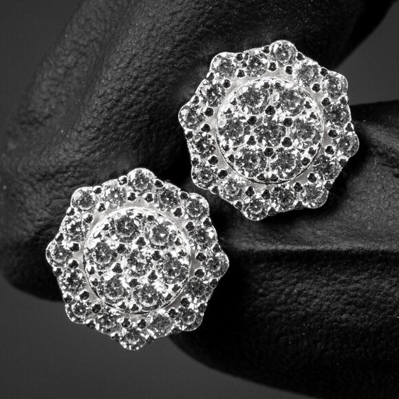 White Gold 925 Sterling Silver Men's Hip Hop Octagon Cz Cluster Stud Earrings - Picture 2 of 5